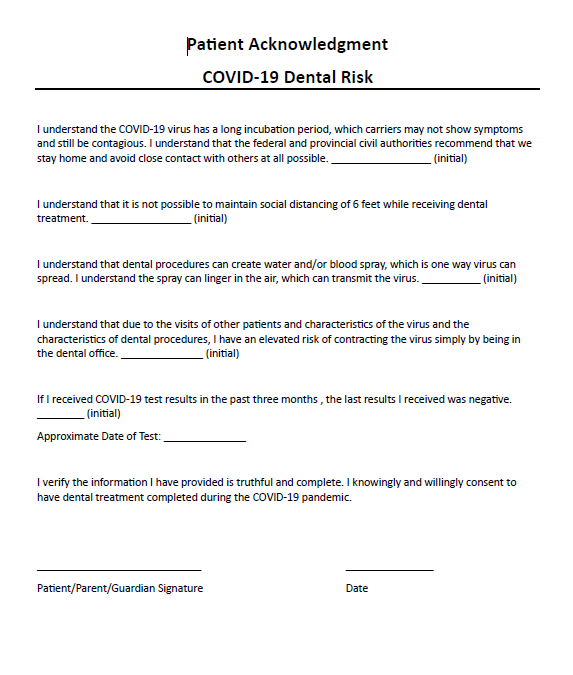 Covid-19 Dental Risk Form